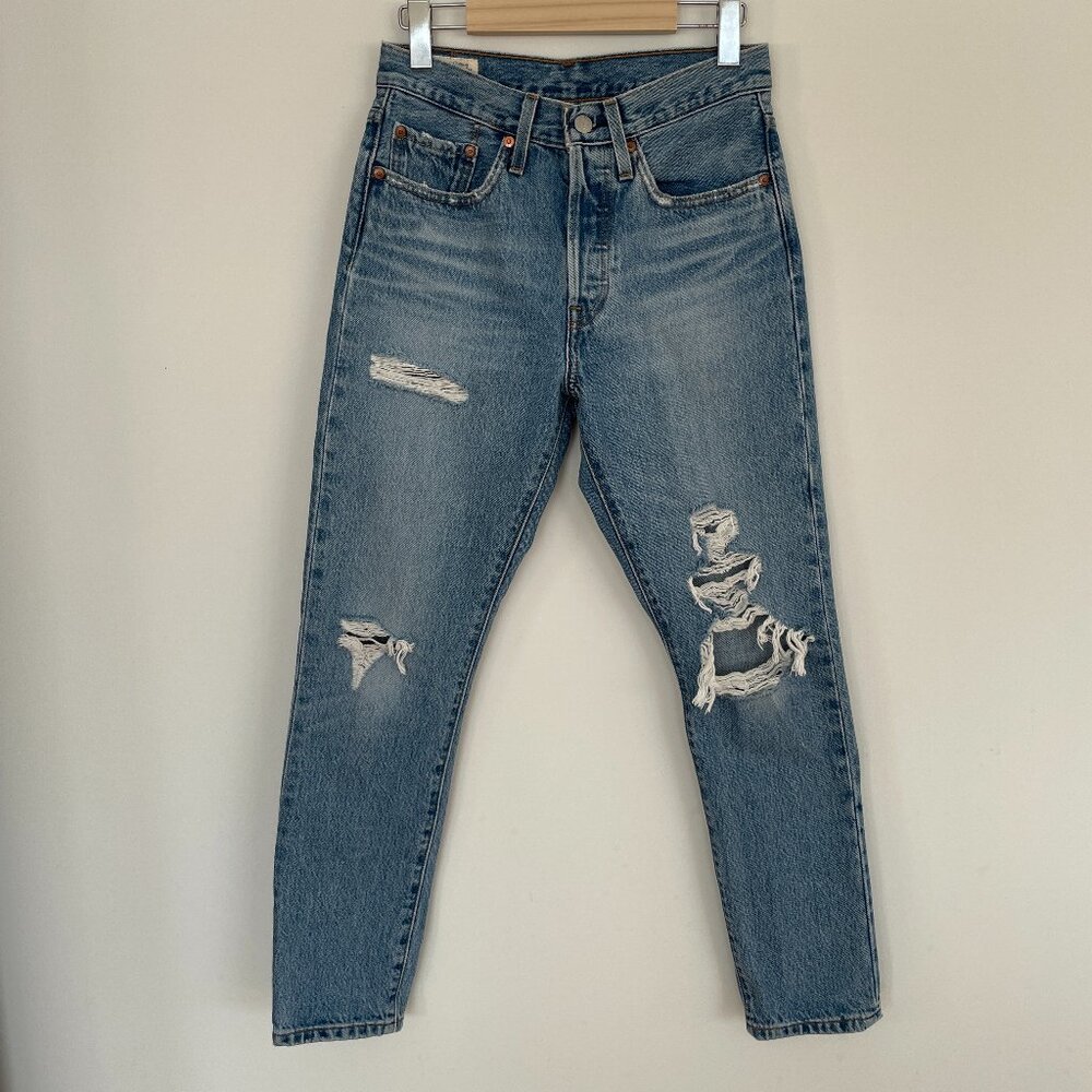 Levi's 501 Skinny Premium Big E  High Waist Ripped Light Blue Grunge Indie Jeans